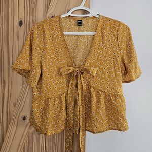 Mustard Floral Peplum Blouse with Bow